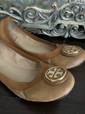 Tory Burch Tan Leather Logo Ballet Flats